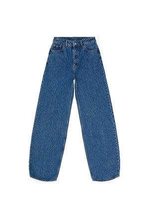 Blauwe spijkerbroek met een losse pasvorm, hoge taille, rechte pijpen en een traditionele vijf-pocketontwerp met een knoopsluiting.