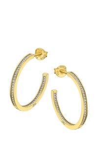 Boucles d'oreilles en forme d'anneau en ton doré avec un design incurvé, présentant une rangée de strass le long du bord et un fermoir à poussette sécurisé.