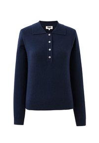 Polo en laine bleu marine à manches longues avec quatre boutons et un col doux, fabriqué en tissu finement tricoté.