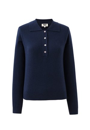 Navyblauwe polo trui met lange mouwen, vier knopen en een zachte kraag, gemaakt van fijn gebreid materiaal.