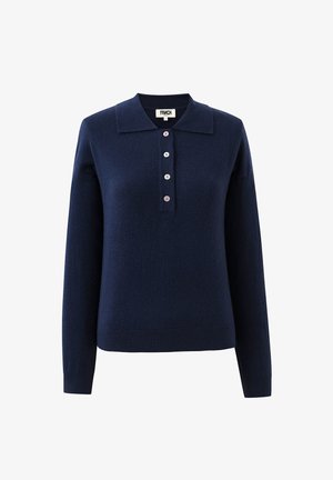 Navyblauwe polo trui met lange mouwen, vier knopen en een zachte kraag, gemaakt van fijn gebreid materiaal.