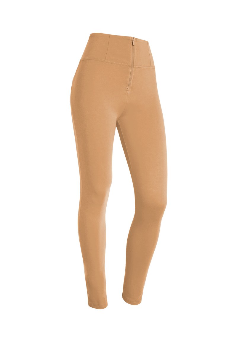 Leggings beighe a vita alta con una texture liscia e un dettaglio con zip frontale. Design aderente che si estende fino alle caviglie.