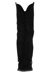 Sorte cowboystøvler i ruskind med spids snude, dekorative syninger og en bølget topkant, udstyret med lynlås i siden for nem påtagning.