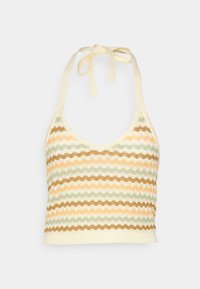 Top halter em malha com decote em V, apresentando riscas horizontais em verde, castanho e pêssego, finalizado com uma parte inferior amarelo claro e fitas para amarrar.