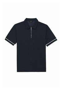 Polo shirt de culoare bleumarin cu guler cu fermoar, mâneci scurte cu dungi albe decorative, dintr-un material ușor. Croi standard, fără modele.