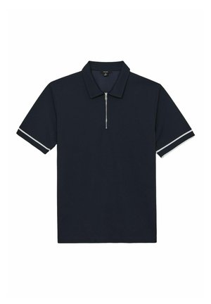 Polo shirt de culoare bleumarin cu guler cu fermoar, mâneci scurte cu dungi albe decorative, dintr-un material ușor. Croi standard, fără modele.