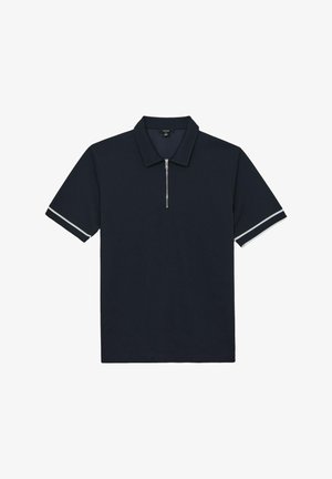 Marinblå polo med dragkedja i kragen, kortärmad med vita accentlinjer, tillverkad av lätt tyg. Standardpassform, utan mönster.