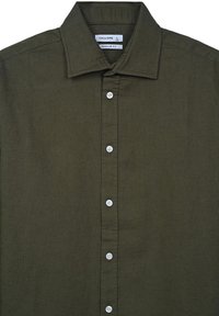 Camicia verde oliva con bottoni, realizzata in un tessuto testurizzato, con colletto aperto e sei bottoni bianchi sul davanti. Design a vestibilità regolare.