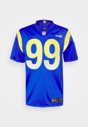 Blauw NFL-shirt van de Los Angeles Rams met geel nummer 99, teamlogo's op de schouders, en NFL- en Nike-labels aan de kraag en zoom.