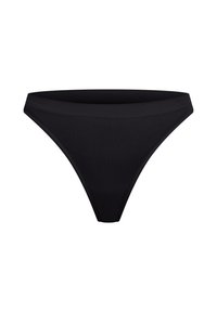 Schwarze Tanga-Unterwäsche aus weichem Stoff. Verfügt über einen schmalen Bund und minimale Abdeckung mit einem glatten, nahtlosen Design.
