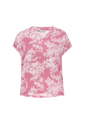 Różowa bluzka z krótkim rękawem z dekoltem w kształcie V, zdobiona białymi kwiatowymi wzorami. Lekki materiał o luźnym kroju.