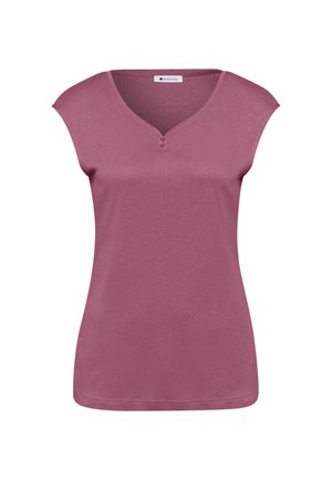 Ærmeløs, lilla top til kvinder med V-hals og to små knapper under halsudskæringen, lavet af blødt, let stof.
