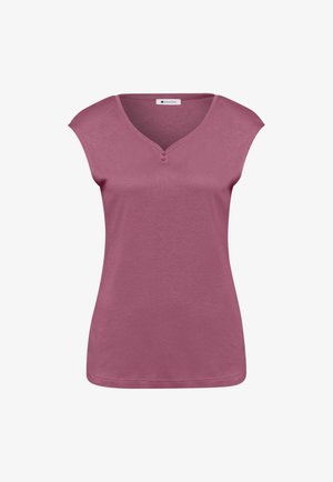 Ærmeløs, lilla top til kvinder med V-hals og to små knapper under halsudskæringen, lavet af blødt, let stof.