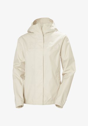 Lehká, krémová pláštěnka s kapucí, elastickými manžetami a postranními kapsami; hladká textura a minimalistický design.