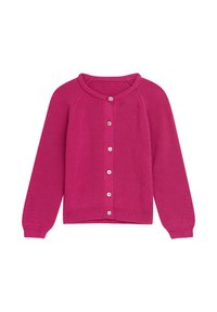 Fuchsie Rippstrickcardigan mit langen Ärmeln, rundem Ausschnitt und fünf Knöpfen vorne zum Verschließen. Verfügt über zarte Strickdetails an den Ärmeln.