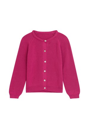 Fuchsie Rippstrickcardigan mit langen Ärmeln, rundem Ausschnitt und fünf Knöpfen vorne zum Verschließen. Verfügt über zarte Strickdetails an den Ärmeln.