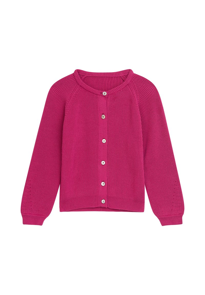 Fuchsie Rippstrickcardigan mit langen Ärmeln, rundem Ausschnitt und fünf Knöpfen vorne zum Verschließen. Verfügt über zarte Strickdetails an den Ärmeln.