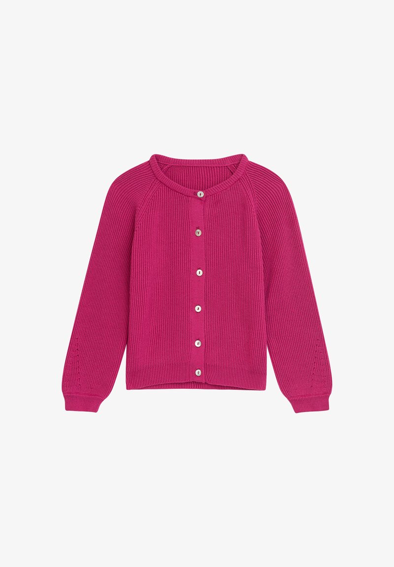 Fuchsie Rippstrickcardigan mit langen Ärmeln, rundem Ausschnitt und fünf Knöpfen vorne zum Verschließen. Verfügt über zarte Strickdetails an den Ärmeln.