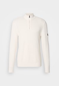 White, ribbed pullover sweater with a half-zip collar, long sleeves, and a small logo accent on the left sleeve. Soft texture.