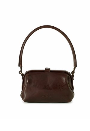 Dunkelbraune Lederhandtasche mit abgerundetem oberen Rahmen und einem einzelnen Tragegriff, geprägter Markenname mittig auf der Vorderseite.