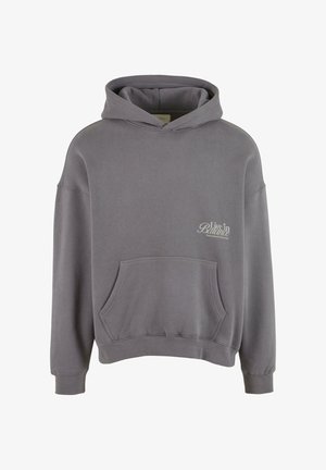 Grå hettegenser laget av en blanding av bomull, med lommer foran, ribbestrikkede mansjetter og nederkant, samt en liten brodert "Live in Balance"-logo.