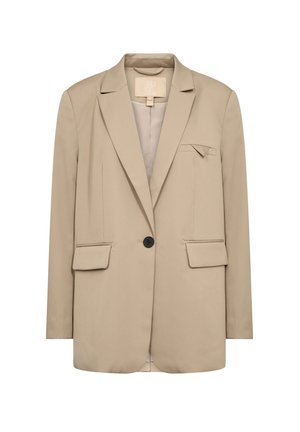 Beige blazer kihúzott gallérral, két elülső zsebbel és egy fekete gombos záródással. Finom textúrával és minimalista dizájnnal rendelkezik.