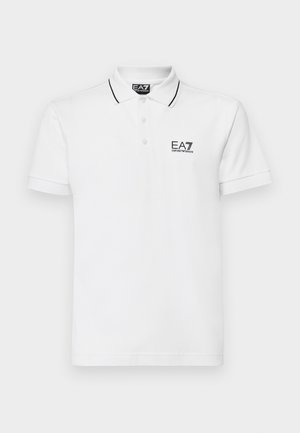 White cotton polo shirt with a two-button placket, black collar and sleeve stripes, featuring the EA7 logo on the left chest.