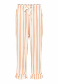 Pantaloni leggeri a righe in pesca e bianco, con vita regolabile e polsini arricciati. Tessuto morbido con righe verticali per il massimo comfort.