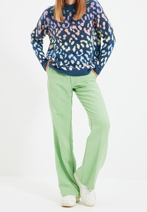 Personne portant un pull à imprimé léopard bleu et rose, un pantalon large vert clair et des baskets blanches, mains dans les poches, debout sur un fond blanc.