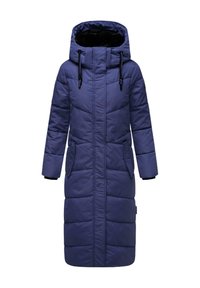 Lungo cappotto puffer blu navy con cappuccio, dotato di una cerniera frontale, tasche laterali e motivi trapuntati verticali. Realizzato in tessuto isolante.