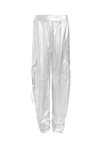 Pantalon cargo argenté brillant avec une taille élastique et des bas de jambes élastiqués, doté de poches latérales et d'une coupe ample et décontractée.