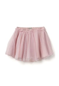 Falda de tul rosa claro con una cintura elástica fruncida, que presenta múltiples capas para volumen y una apariencia suave y texturizada.