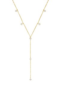 Złoty naszyjnik z łańcuchem, ozdobiony rozproszonymi przezroczystymi kamieniami szlachetnymi, o kształcie w literę Y, gładkiej teksturze i subtelnym blasku.