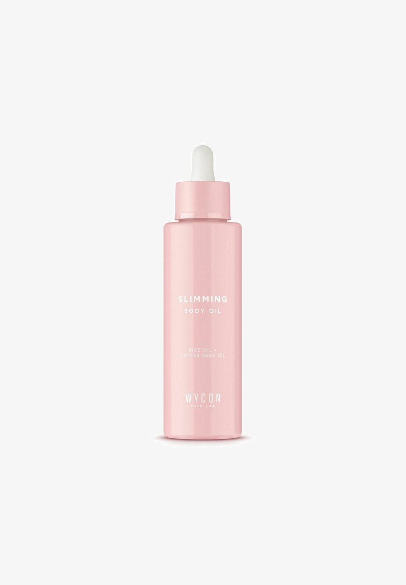 Bottiglia di vetro rosa di olio corpo snellente con un cappuccio a goccia bianco. Il testo sulla bottiglia include "OLIO CORPO SNELLENTE" e "OLIO DI RISO + OLIO DI SEMI DI CAFFÈ."