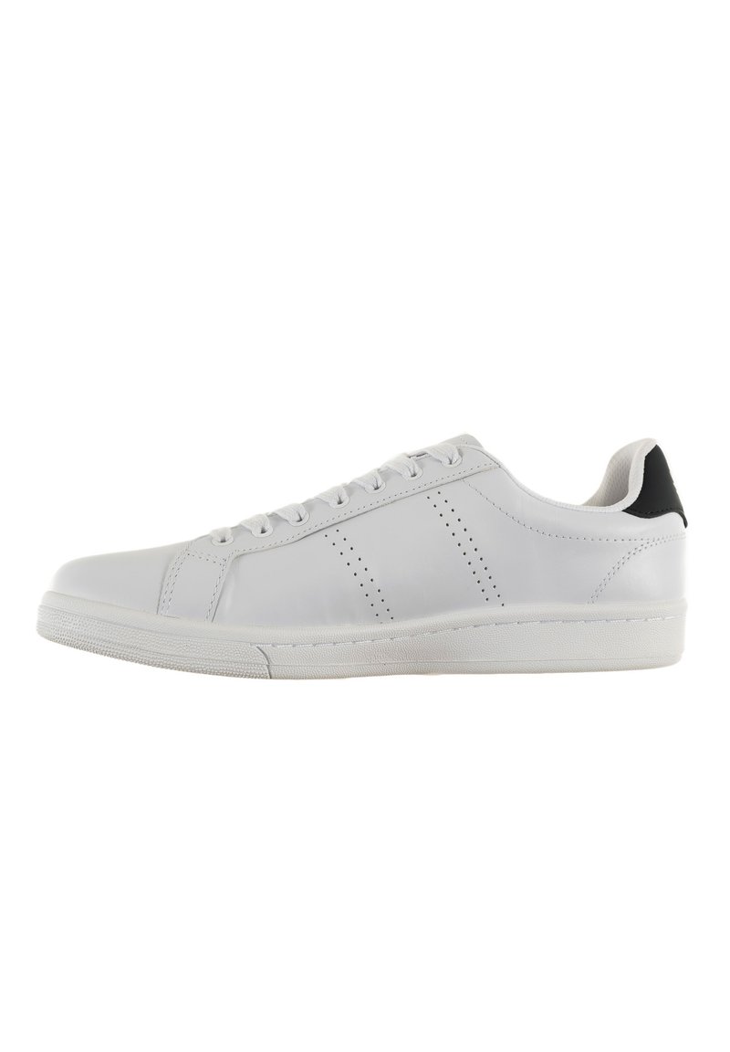 White leather sneaker with a rounded toe, flat white sole, and black heel accent. Features perforated stripes for ventilation. Lace-up design.