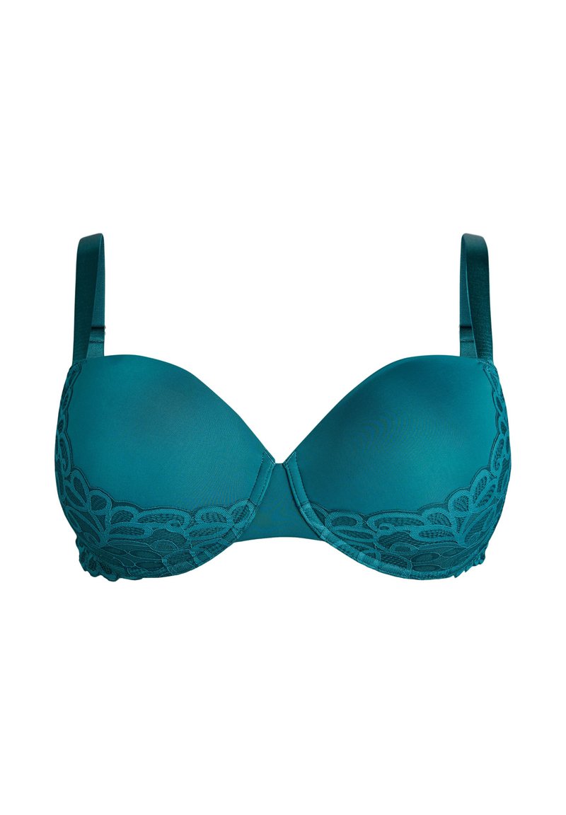 Teal värvustega pehmendustega rinnahoidja, millel on reguleeritavad rihmad ja pitsikujundus tasside alumiste servade ümber, valgel taustal.