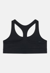 Mustlane spordibrasi racerback disainiga, valmistatud venivast kangast, millel on lamedad õmblused ja väike tumehall Nike logo vasakul küljel.