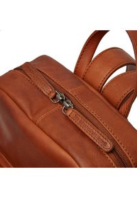 Sac à dos en cuir brun avec une texture lisse, doté d'une fermeture éclair et d'une étiquette en cuir de marque. Des bretelles arrondies sont visibles.