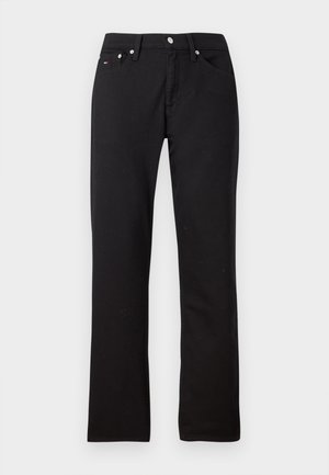 Schwarze, gerade Jeans aus einem Baumwollmischgewebe. Mit Gürtelschlaufen, Taschen vorne und silberfarbigen Knöpfen. Keine sichtbaren Muster.