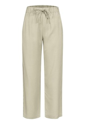 Beige broek met wijde pijpen, elastische tailleband en koord aan de voorkant, ontworpen voor een losse en comfortabele pasvorm.