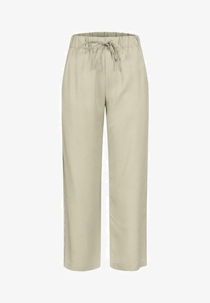 Beige broek met wijde pijpen, elastische tailleband en koord aan de voorkant, ontworpen voor een losse en comfortabele pasvorm.