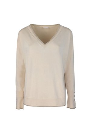 Il maglione beige a V presenta maniche lunghe con dettagli a bottone sui polsini, scollo a scallop e una morbida texture in maglia.