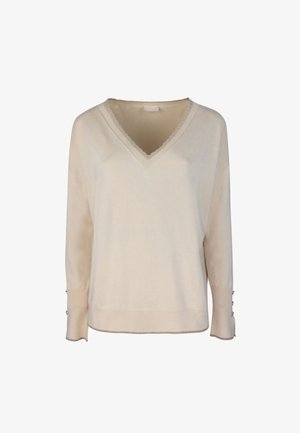 Il maglione beige a V presenta maniche lunghe con dettagli a bottone sui polsini, scollo a scallop e una morbida texture in maglia.
