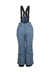 Pantalons de neige bleus isolés avec bretelles noires ajustables, poches latérales et bas renforcés pour plus de durabilité. Matériau lisse et imperméable.