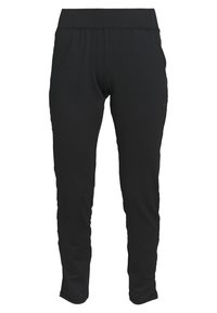 Czarne spodnie sportowe z szerokim, elastycznym pasem, zwężanymi nogawkami i gładką fakturą. Zawierają subtelne detale po bokach.