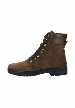 Brown suede lace-up boot with black rubber sole and padded leather collar, side view on white background.