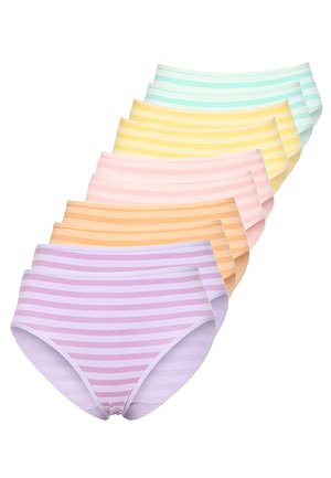 Seven pairs of women's striped underwear in pastel colors: purple, orange, pink, yellow, and blue, arranged overlapping in a fan shape.