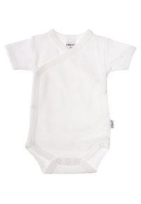 White cotton baby bodysuit with short sleeves, wrap design, and snap closures at the side and bottom. Soft, smooth texture.