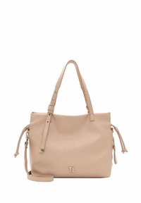Beige leather tote bag with double handles, gold-tone hardware, side tassels, and a removable shoulder strap. Features logo detail on front.