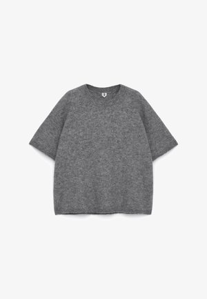 Gray knit short-sleeve sweater with a round neckline, featuring a soft texture and loose fit, displaying a uniform color throughout.